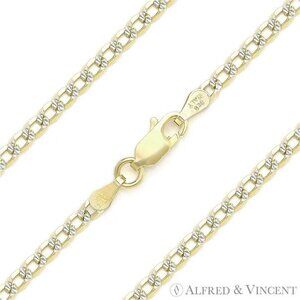2.7mm Curb D-Cut Pave Link Necklace in .925 Sterling Silver w/ 14k Y-Gold 16"